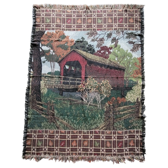 Country Fall Leaves Bridge Picnic Tapestry Blanket Throw Cabincore Hygge EUC - Picture 1 of 7
